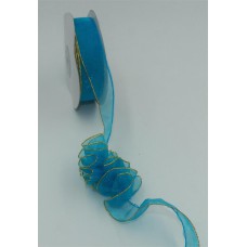 .875 Inch Lt. Turquoise Pull A Bow Ribbon With A Gold Stripe Accents, 7/8 Inch x 25 Yards (Lot of 1 Spool) SALE ITEM